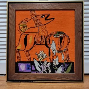 Vintage Framed Abstract Needlepoint Unique Mid Century Needlepoint Handmade OOAK